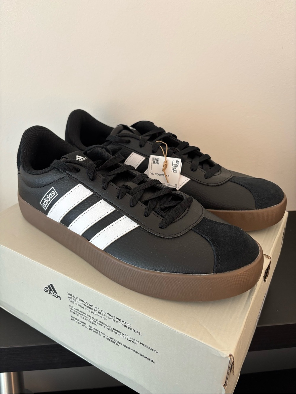 adidas VL Court 3.0 Men’s size 11.5 Black/White/Gum Low-Top Sneakers